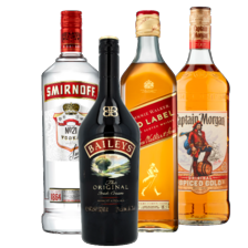 Captain Morgan spiced gold, Baileys, Johnnie Walker of Smirnoff vodka